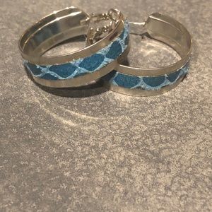 Silver and blue leather hoop earrings